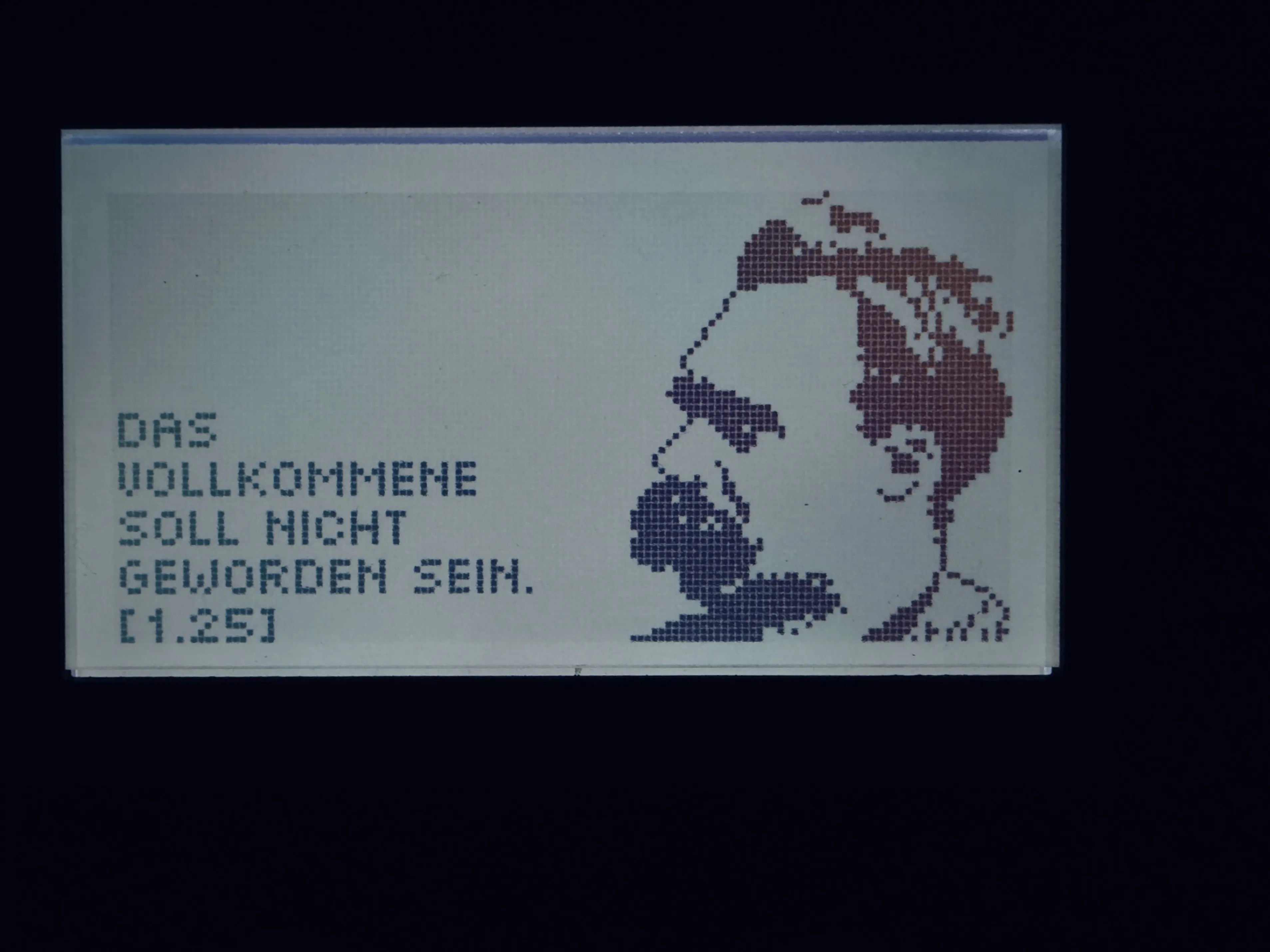 Waldorf Blofeld display showing pixelated portrait of Friedrich Nietzsche with German text